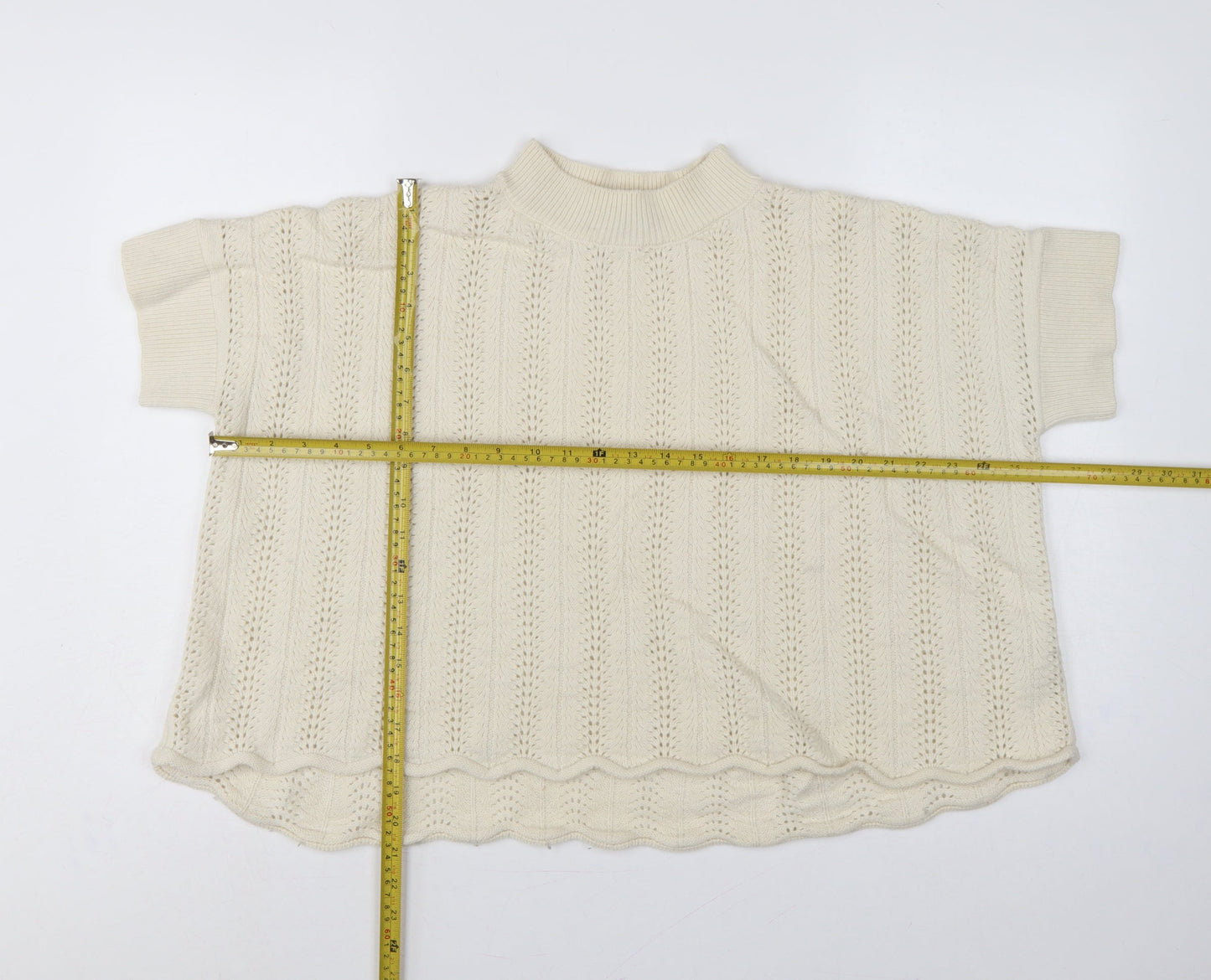 French Connection Women Ivory S Wool Open-Knit Short Sleeve Jumper