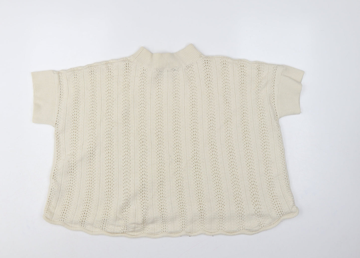 French Connection Women Ivory S Wool Open-Knit Short Sleeve Jumper