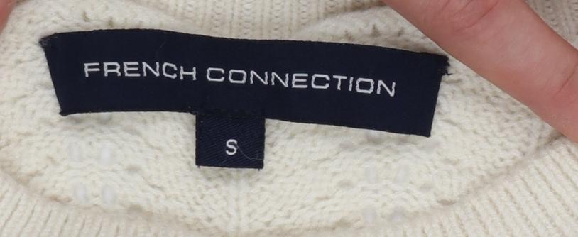 French Connection Women Ivory S Wool Open-Knit Short Sleeve Jumper
