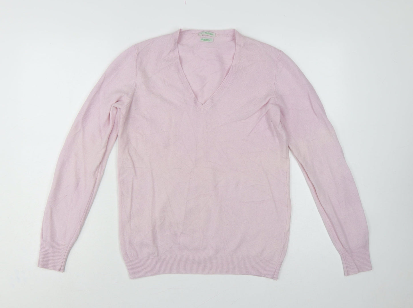 Style Benetton Women Pink Merino Wool V-Neck Knit Jumper Size L