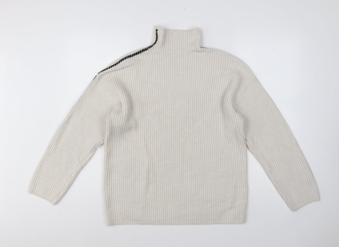 Marks and Spencer Women Ivory M Ribbed High Neck Jumper Contrast Trim