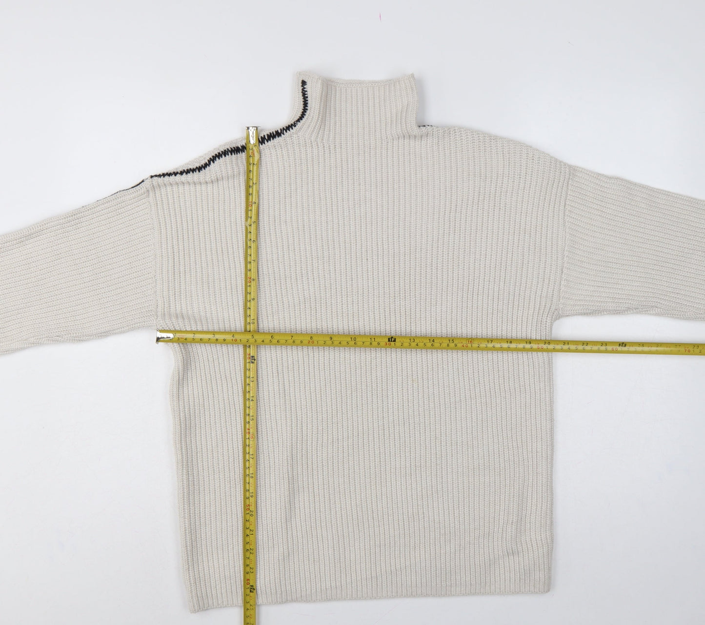 Marks and Spencer Women Ivory M Ribbed High Neck Jumper Contrast Trim