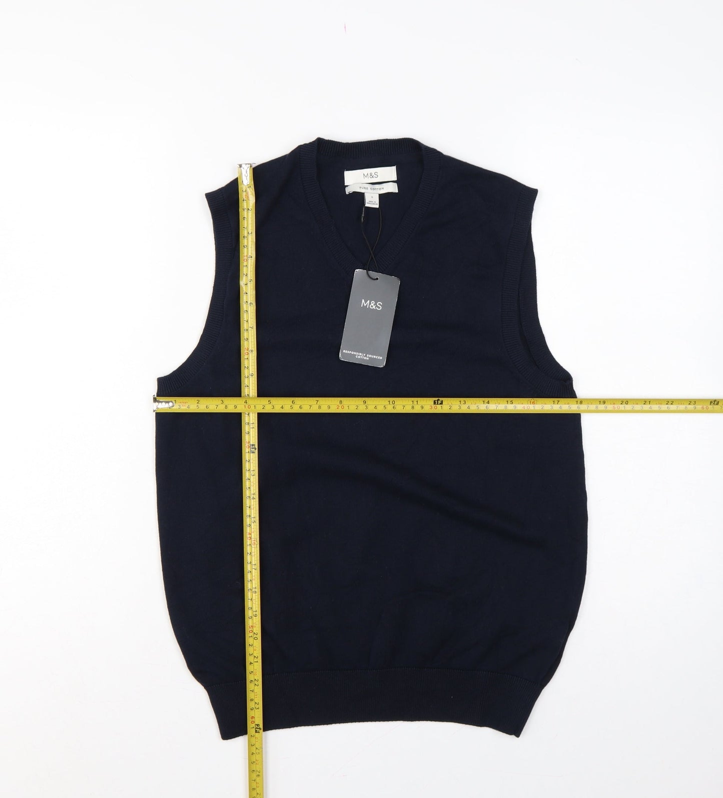Marks and Spencer Men Blue S Pure Cotton V-Neck Knit Jumper Vest
