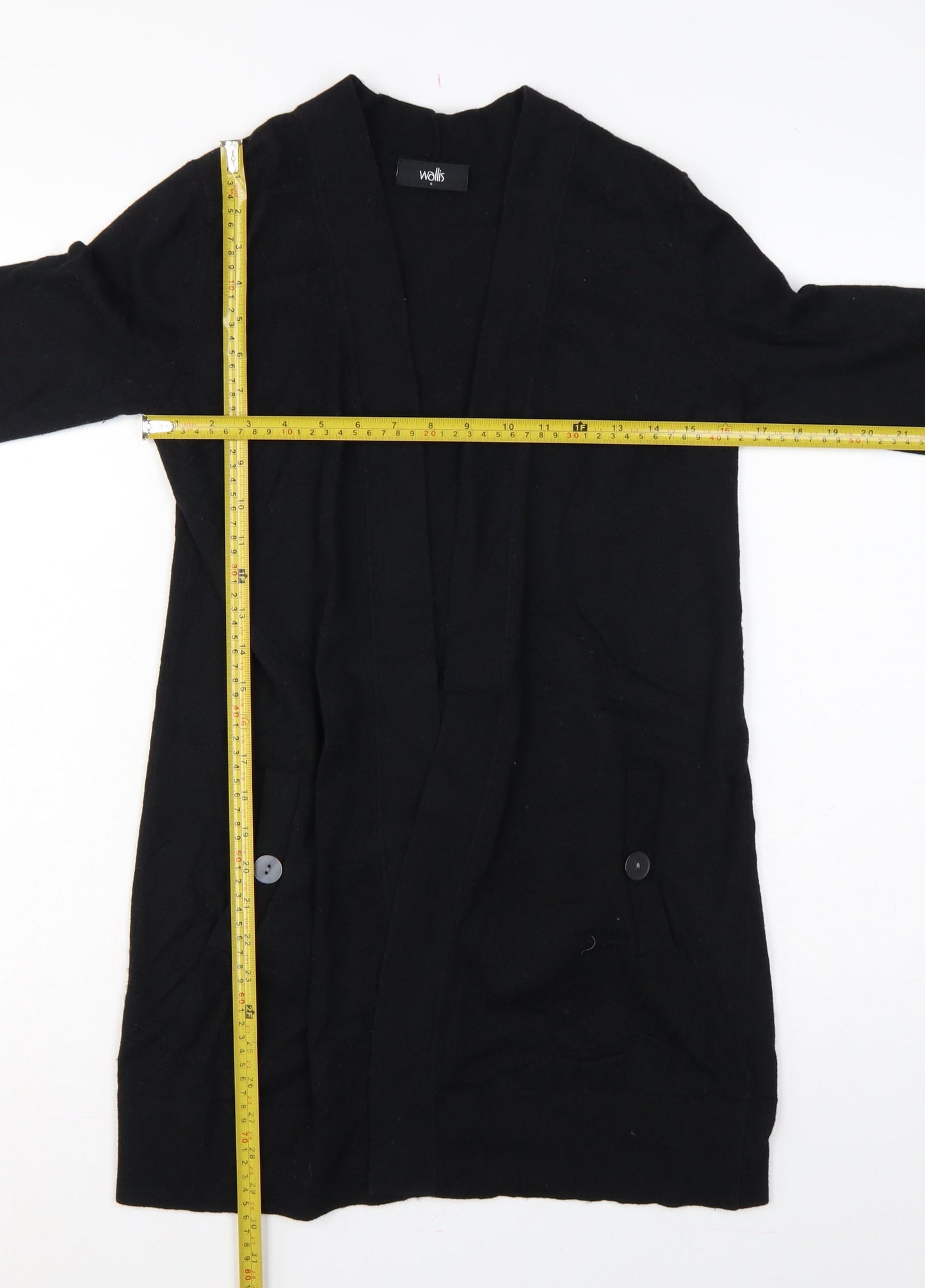 Wallis Women Black S Longline Open Knit Cardigan Button Pockets
