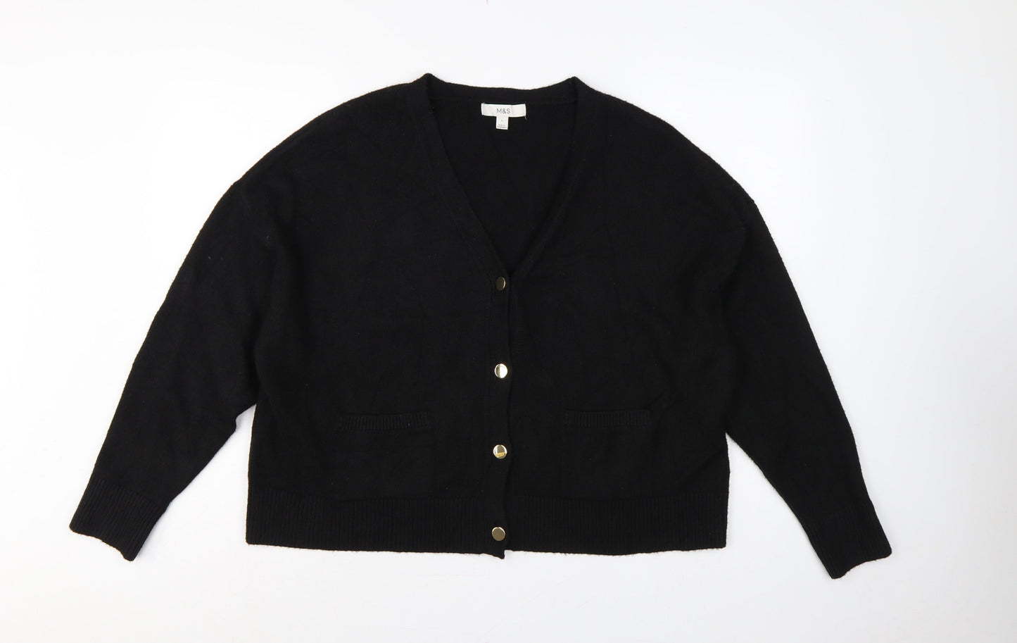 M&S Women’s Black L V-Neck Gold Button Pocket Knit Cardigan