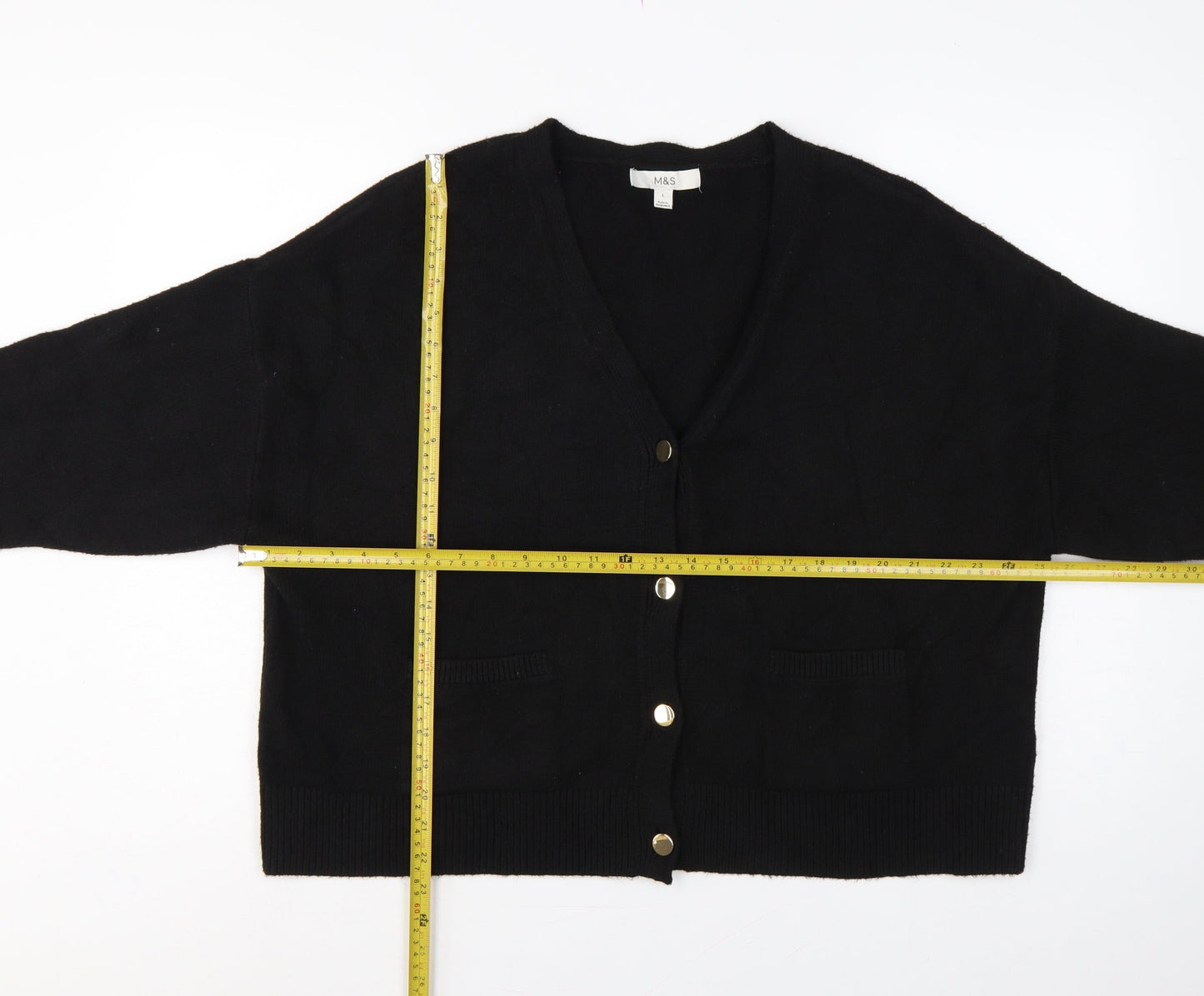 M&S Women’s Black L V-Neck Gold Button Pocket Knit Cardigan