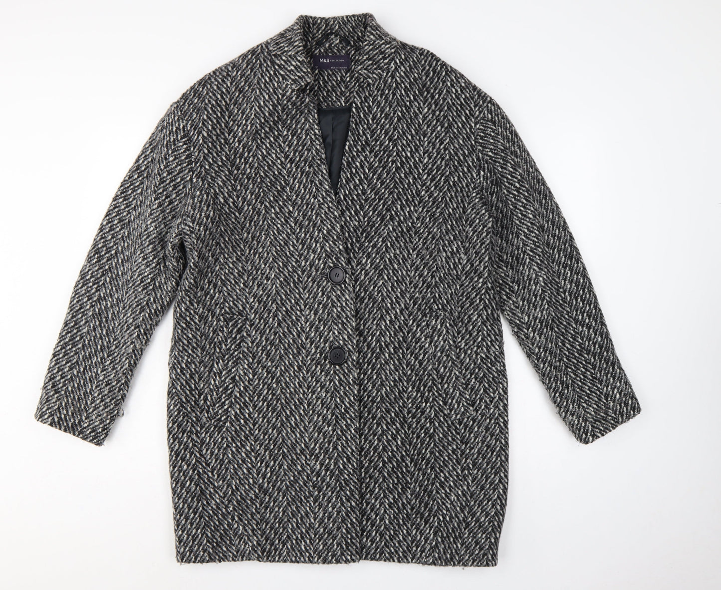 Marks and Spencer Women Grey Herringbone Wool Blend Overcoat UK 12