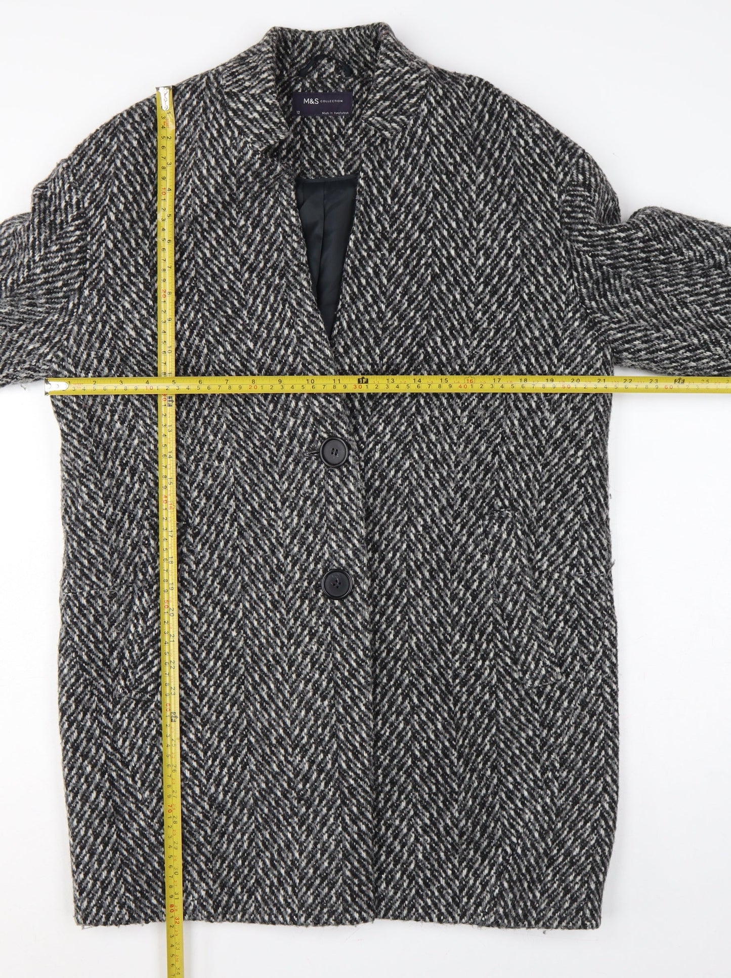 Marks and Spencer Women Grey Herringbone Wool Blend Overcoat UK 12