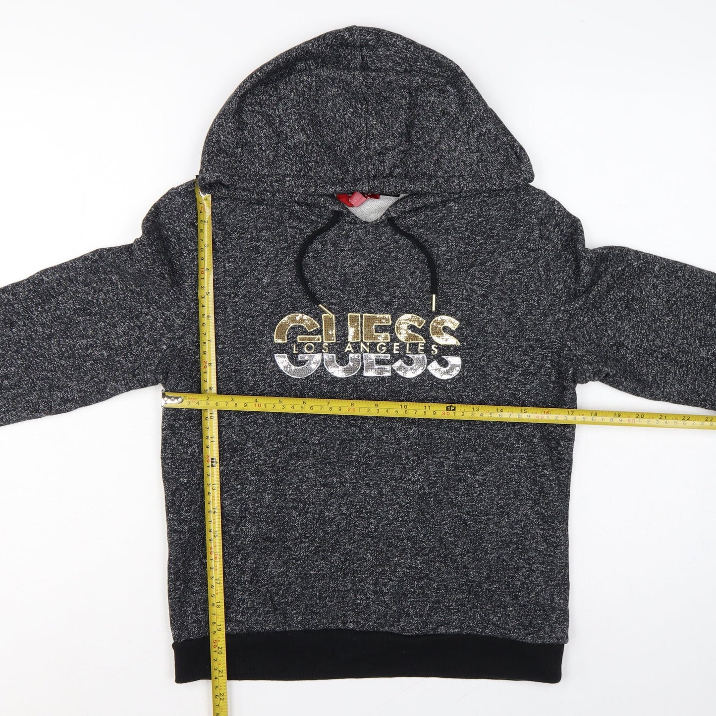 Guess Women’s Grey Marl Logo Hoodie UK 14 M Pullover Drawstring