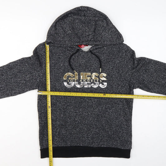 Guess Women’s Grey Marl Logo Hoodie UK 14 M Pullover Drawstring