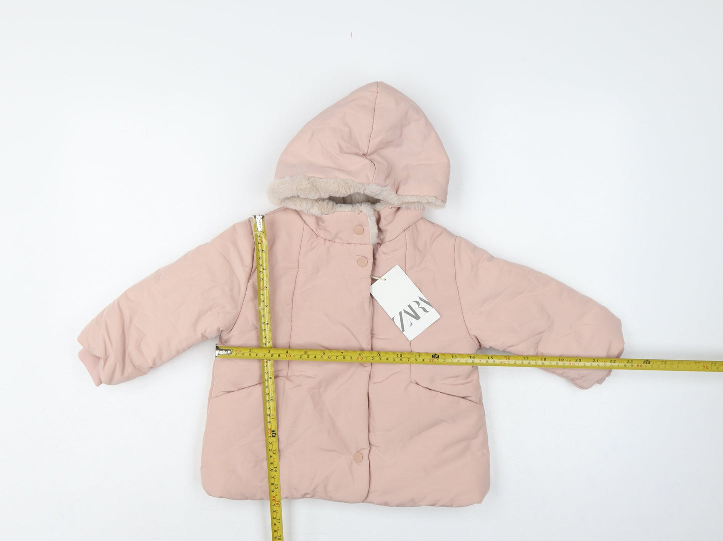 Zara Girls Pink 2-3 Years Hooded Puffer Jacket Faux Fur Trim NWT