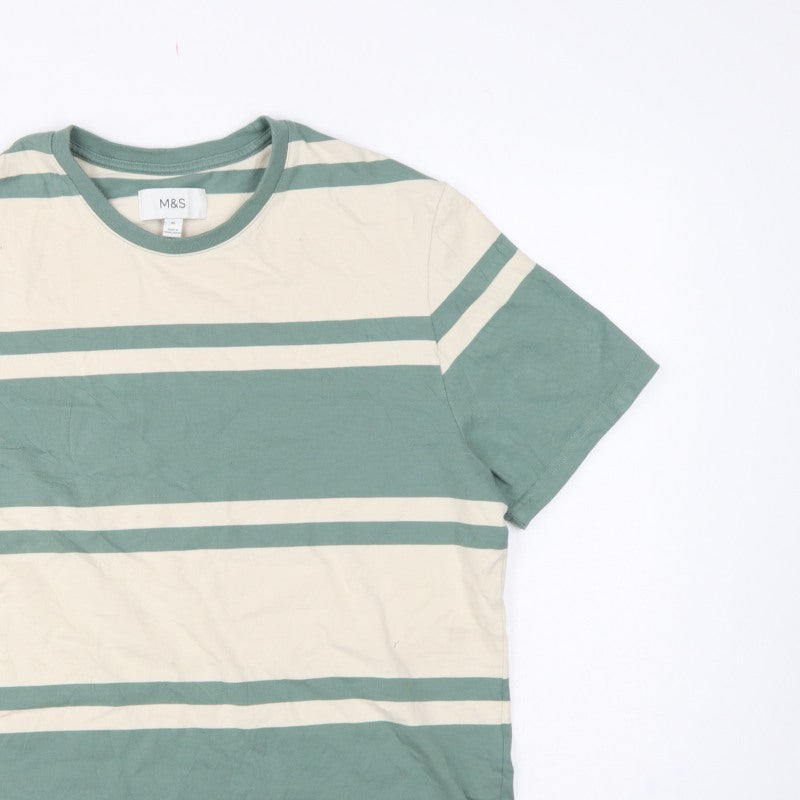 Additional view of Marks & Spencer Men Green Beige Striped Crew Neck XL T-Shirt