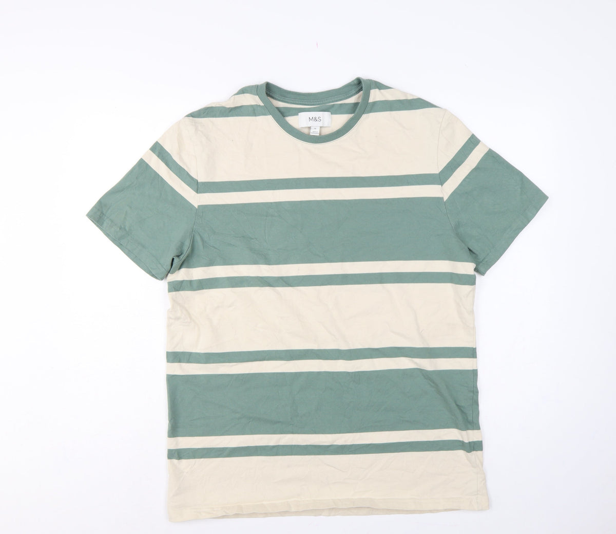 Back view of Marks & Spencer Men Green Beige Striped Crew Neck XL T-Shirt