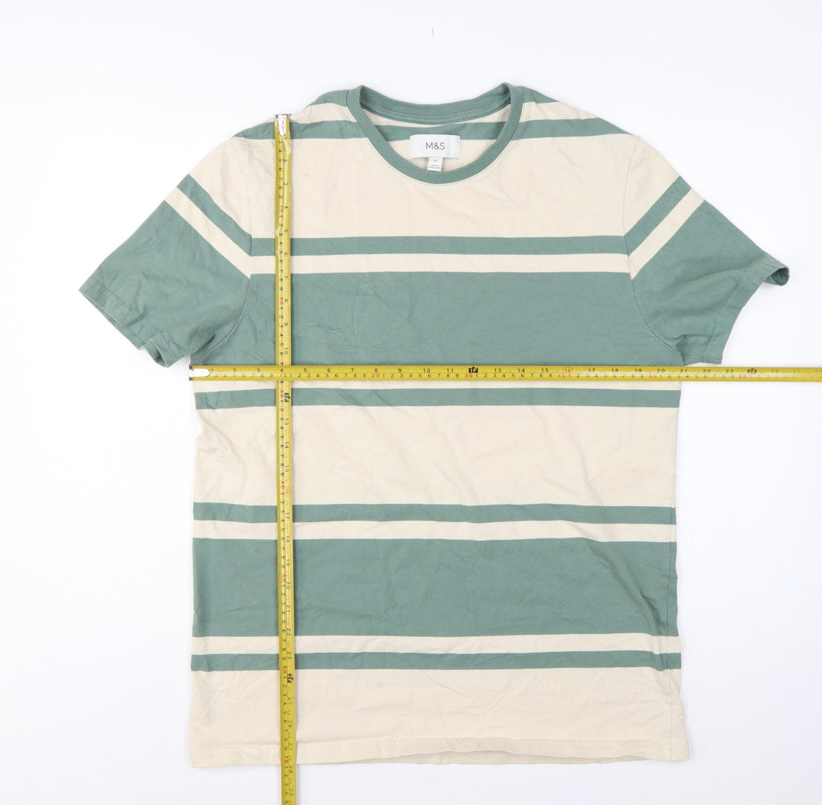 Close-up detail of Marks & Spencer Men Green Beige Striped Crew Neck XL T-Shirt