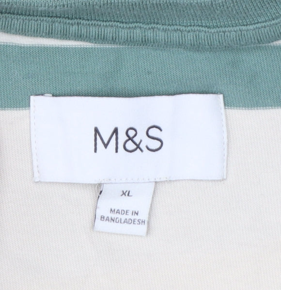 Additional view of Marks & Spencer Men Green Beige Striped Crew Neck XL T-Shirt