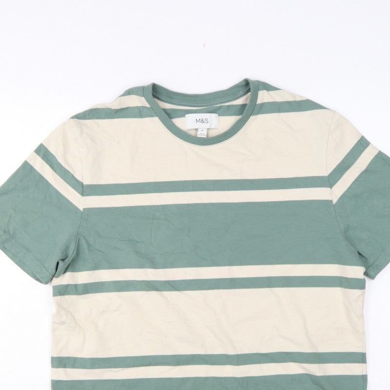 Additional view of Marks & Spencer Men Green Beige Striped Crew Neck XL T-Shirt