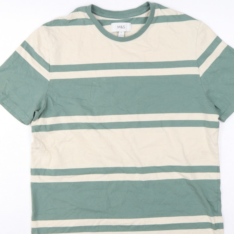 Additional view of Marks & Spencer Men Green Beige Striped Crew Neck XL T-Shirt
