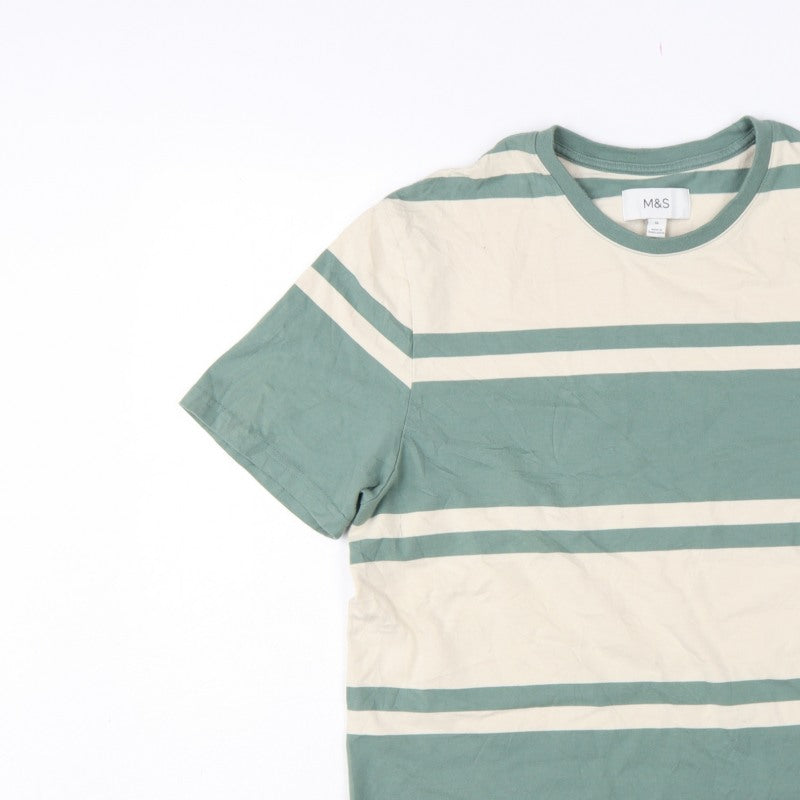 Additional view of Marks & Spencer Men Green Beige Striped Crew Neck XL T-Shirt