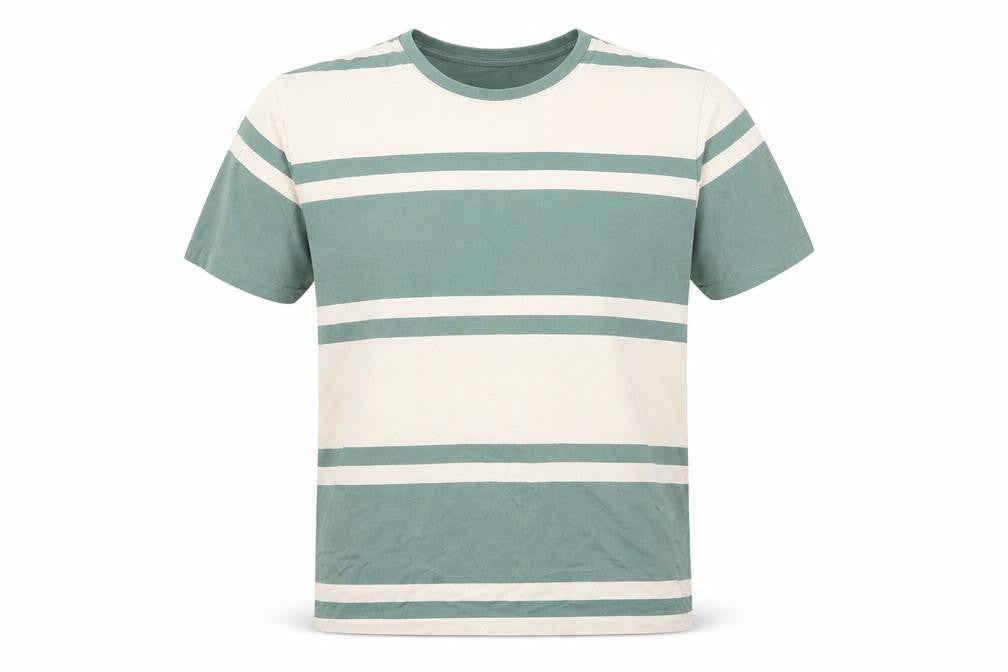 Front view of Marks & Spencer Men Green Beige Striped Crew Neck XL T-Shirt