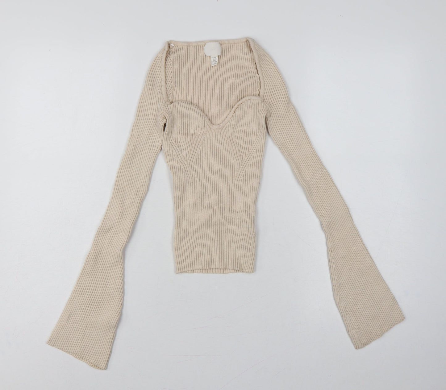 H&M Women Beige XS Rib Knit Square Neck Bell Sleeve Jumper
