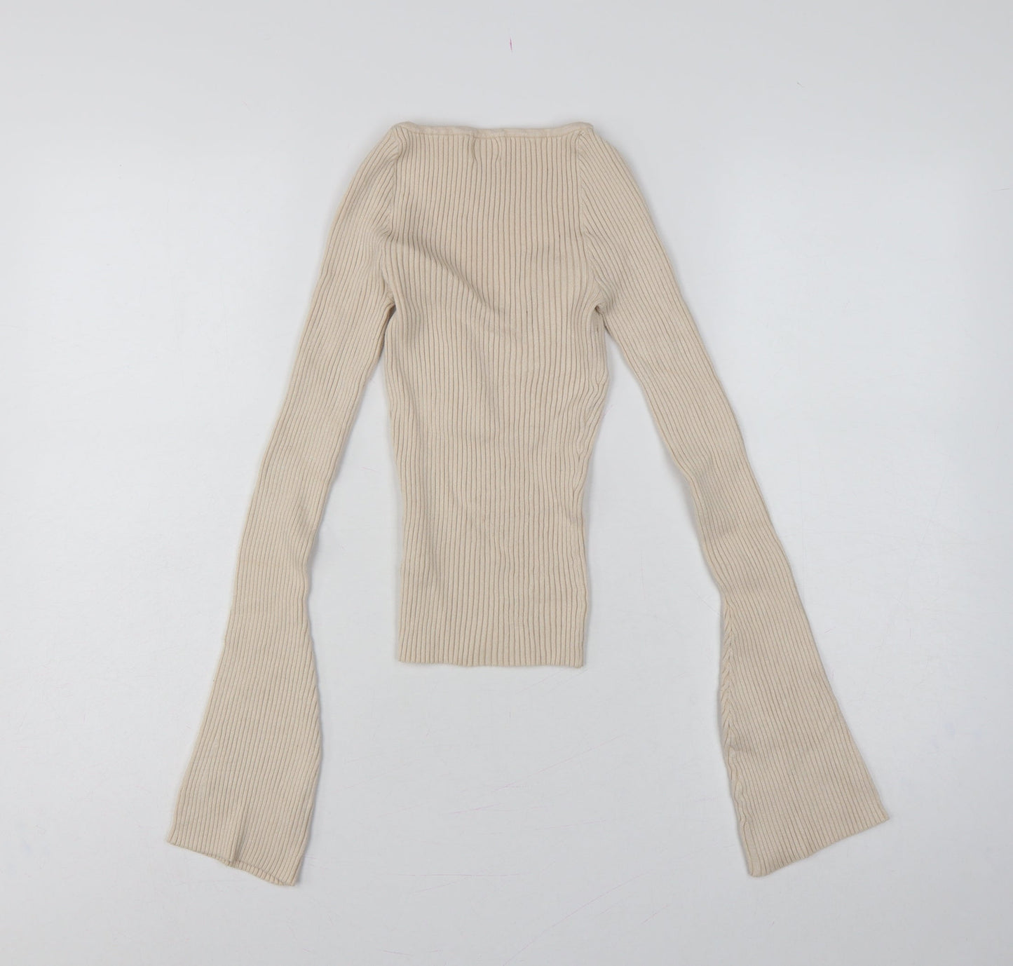 H&M Women Beige XS Rib Knit Square Neck Bell Sleeve Jumper