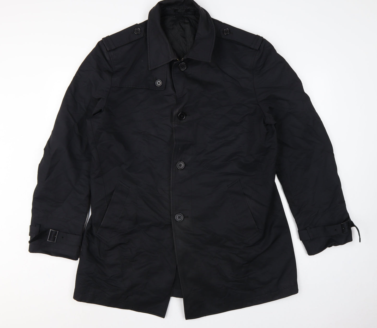 Next Men Black L Cotton Blend Trench Coat Buttoned Belted Cuffs