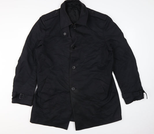 Next Men Black L Cotton Blend Trench Coat Buttoned Belted Cuffs