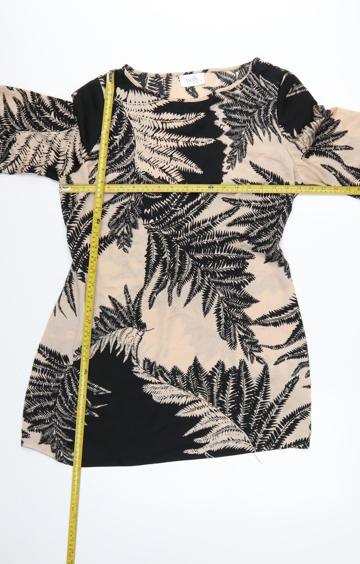 Wallis Women Beige Black Fern Print Petite 14 Shift Dress Bell Sleeve