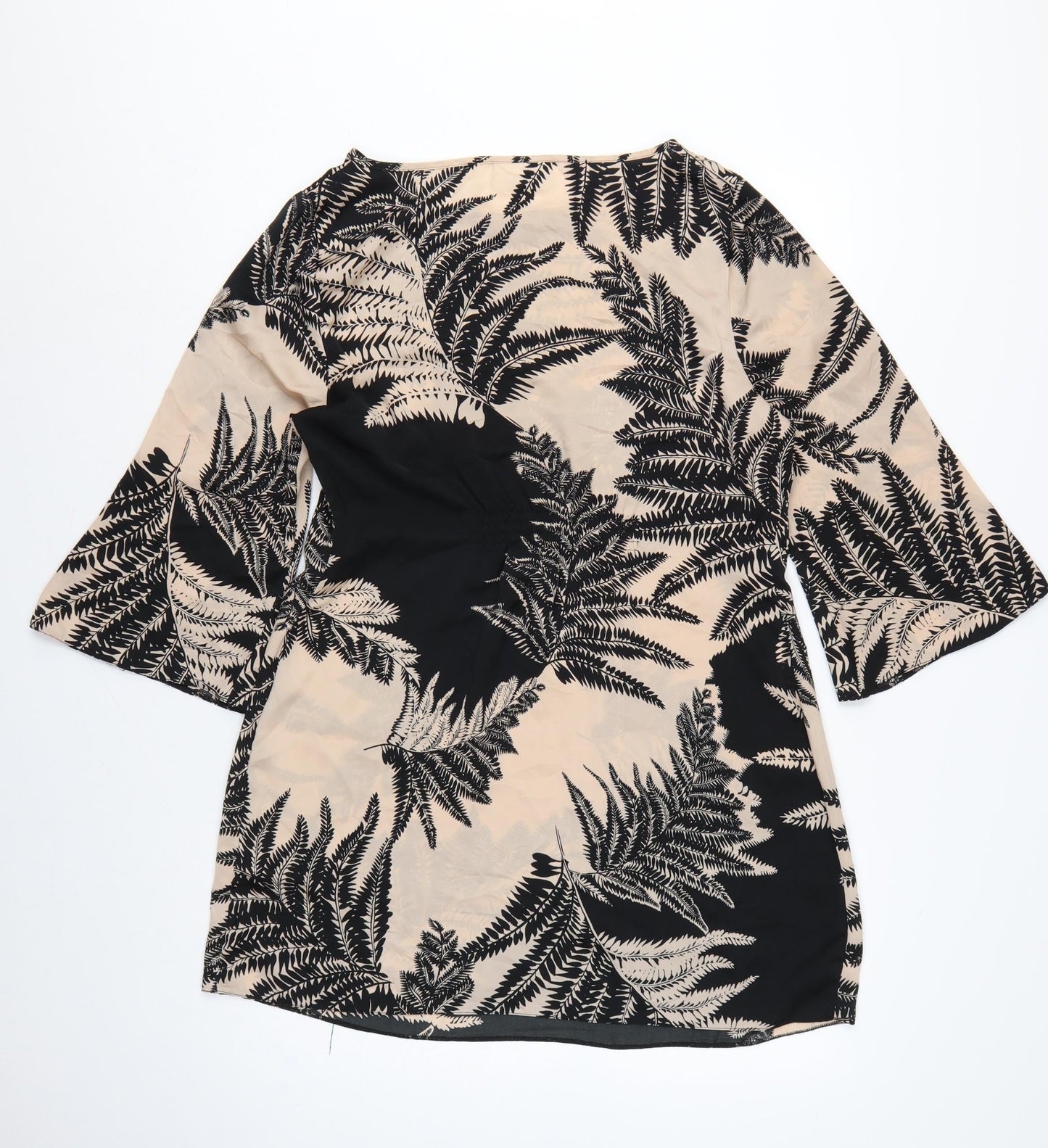 Wallis Women Beige Black Fern Print Petite 14 Shift Dress Bell Sleeve