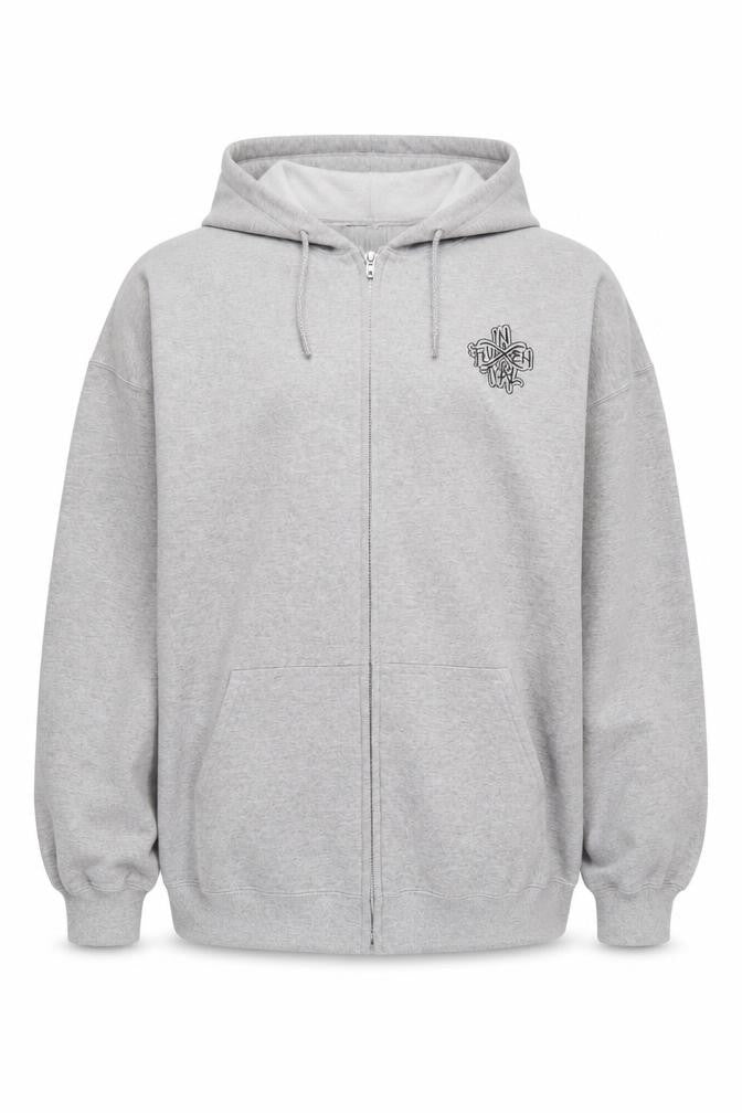 Front view of Inferential Clothing Men’s Grey 2XL Full Zip Embroidered Logo Hoodie