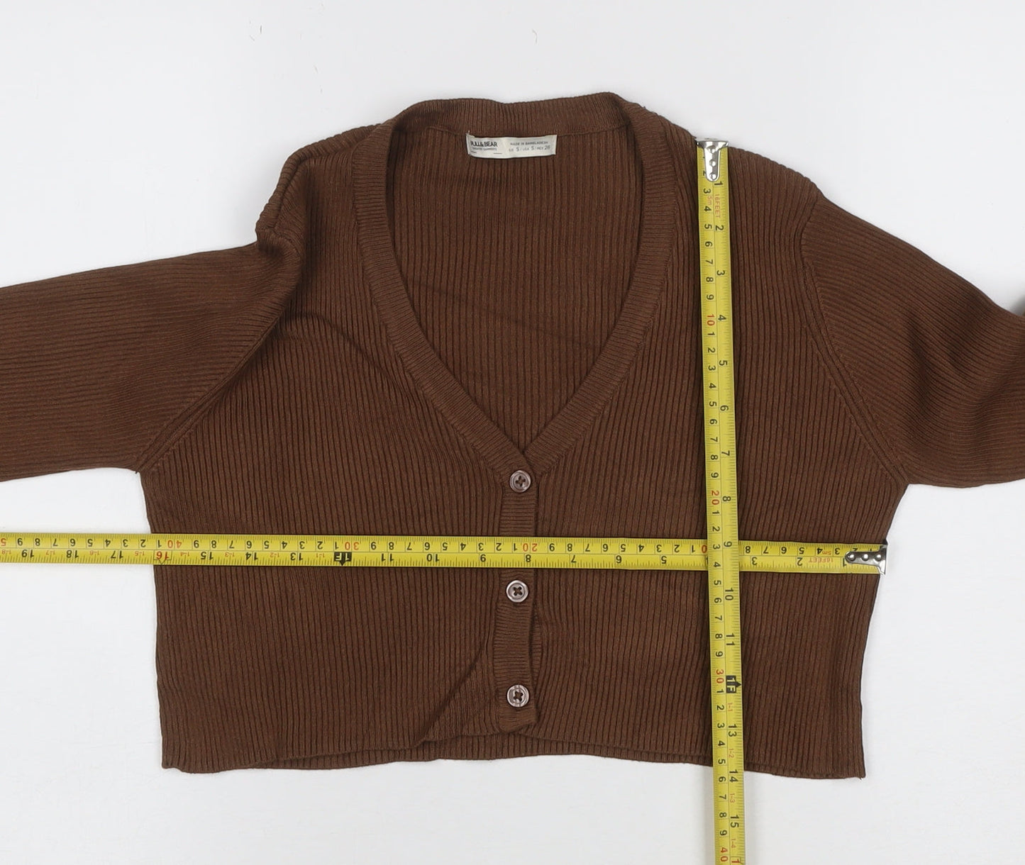 Pull&Bear Women’s Brown Rib Knit V-Neck Button Cardigan Size S