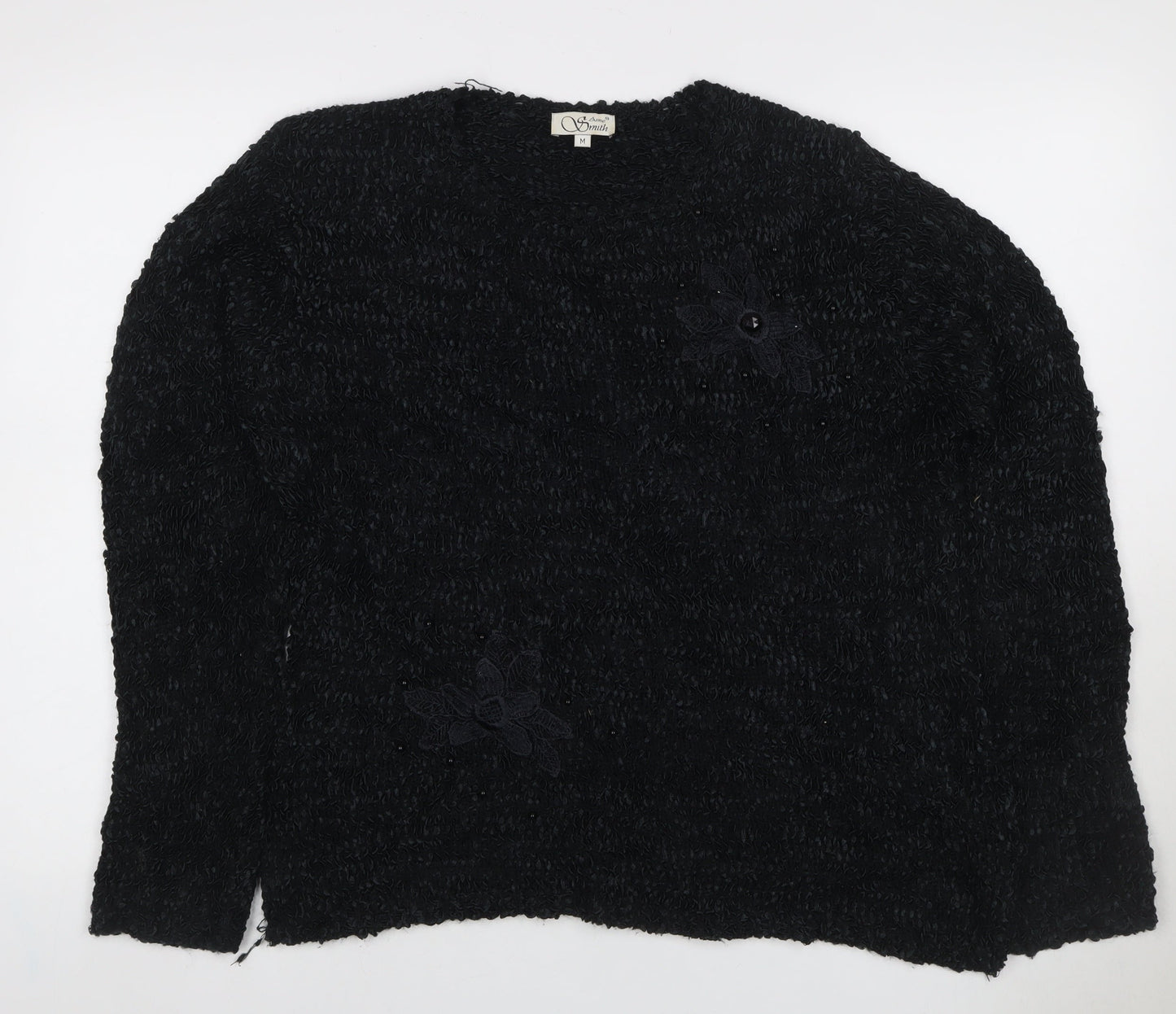 Anne Smith Women Black M Floral Beaded Long Sleeve Knit Jumper