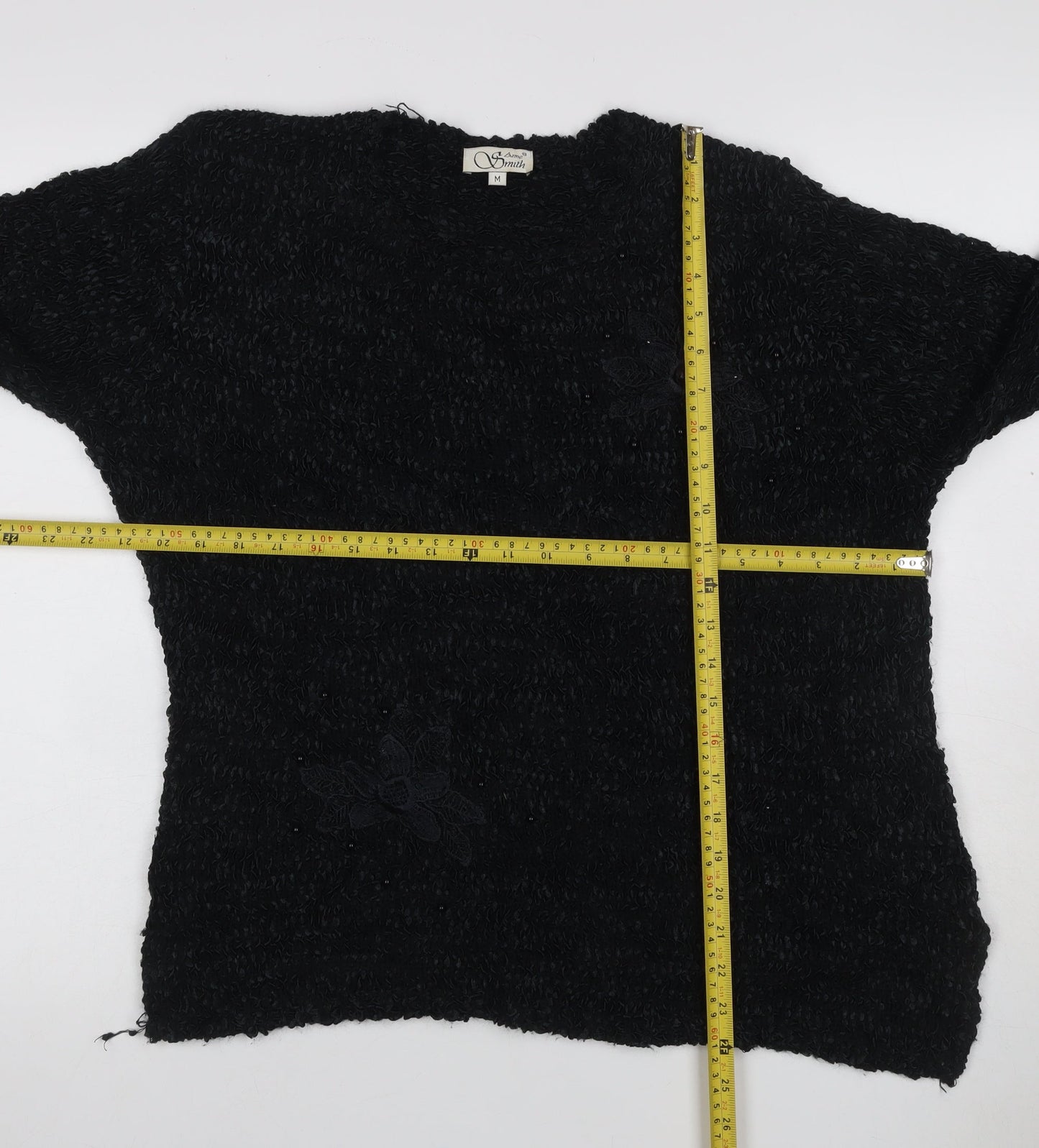 Anne Smith Women Black M Floral Beaded Long Sleeve Knit Jumper