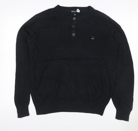 Bench Men’s Black M Henley Cotton Blend Knit Jumper Logo