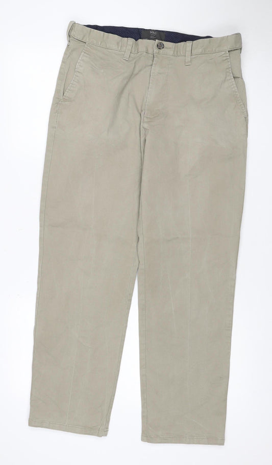 Marks & Spencer Men Beige 34/29 Regular Fit Stretch Chino Trousers