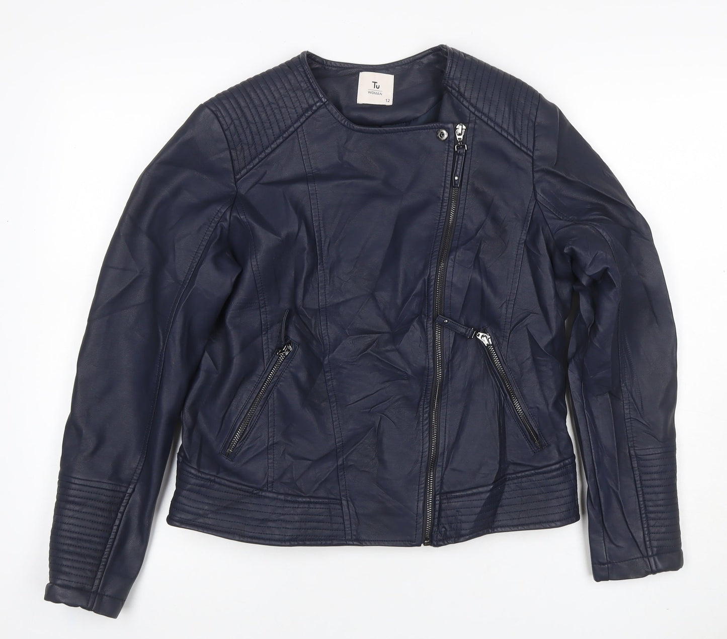 TU Women Blue Size 12 Faux Leather Biker Jacket Zip Pockets