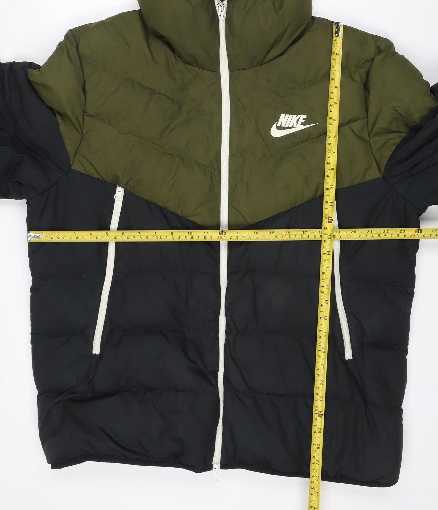 Nike Men’s Black Khaki L Hooded Puffer Jacket Quilted Logo