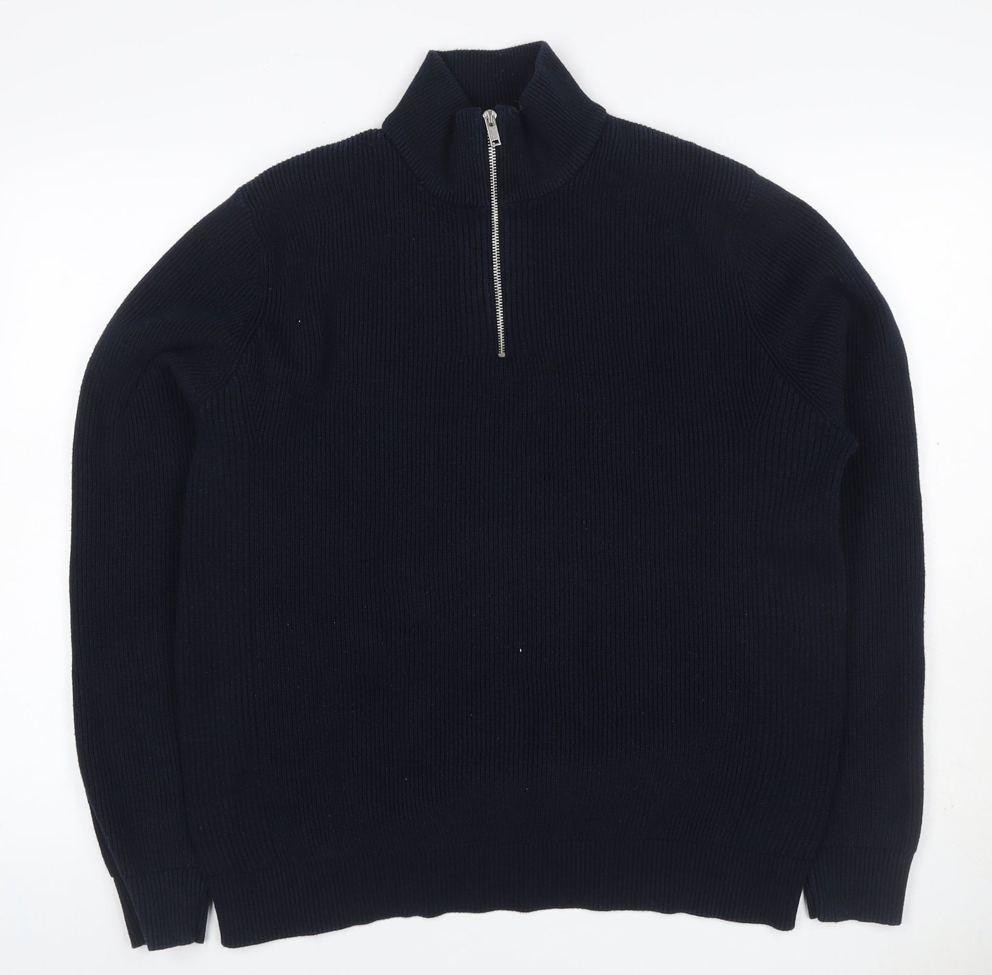 Marks & Spencer Men Blue XL 1/4 Zip Rib Knit Jumper