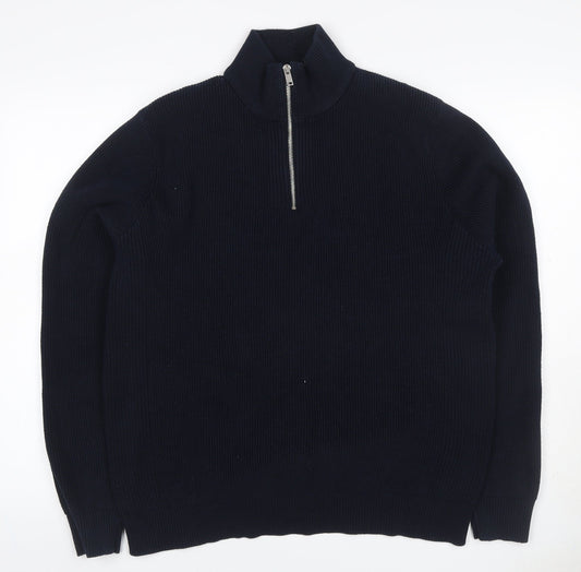 Marks & Spencer Men Blue XL 1/4 Zip Rib Knit Jumper