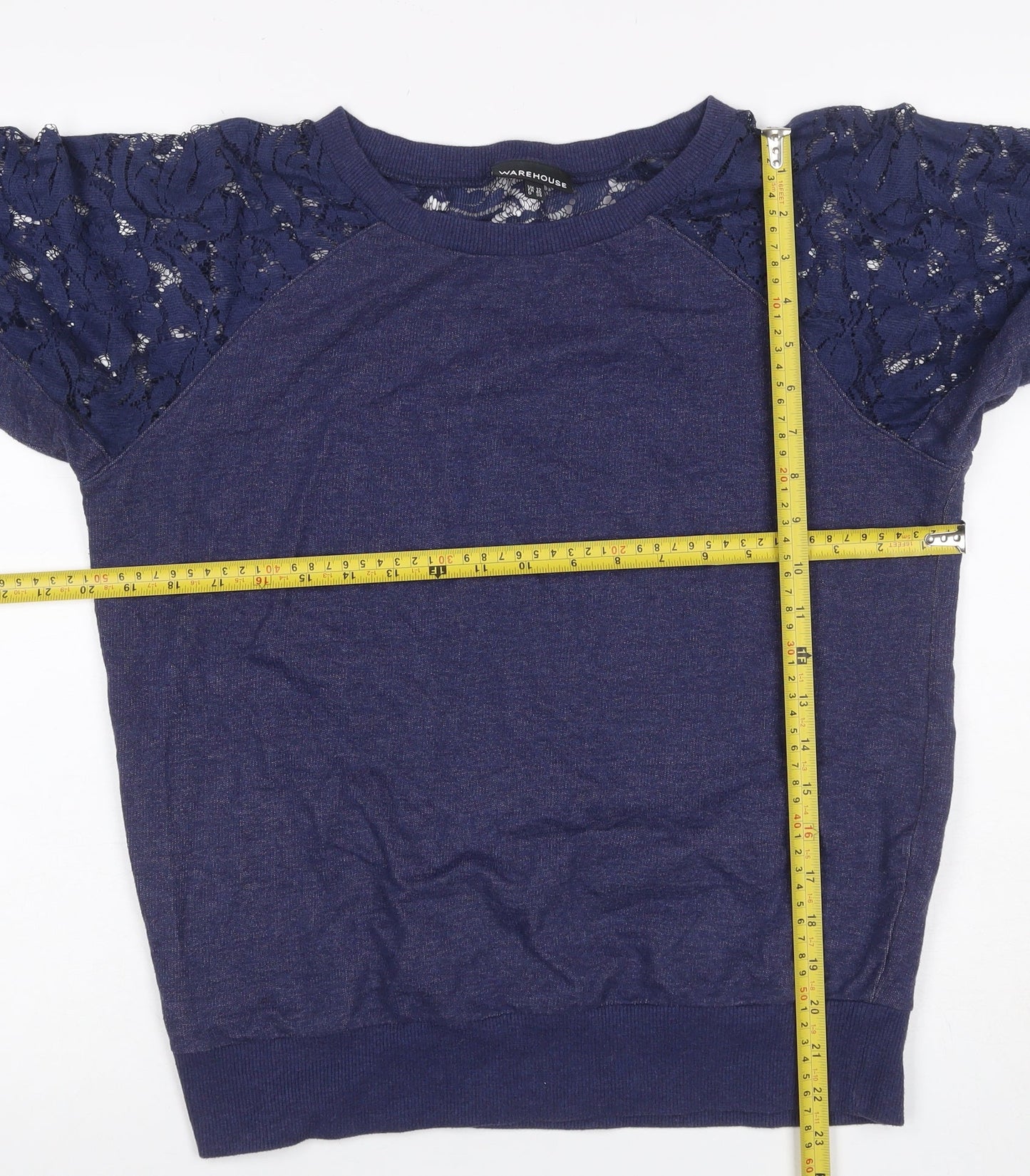 Warehouse Women Blue UK 12 Jersey Top Floral Lace Raglan Long Sleeve