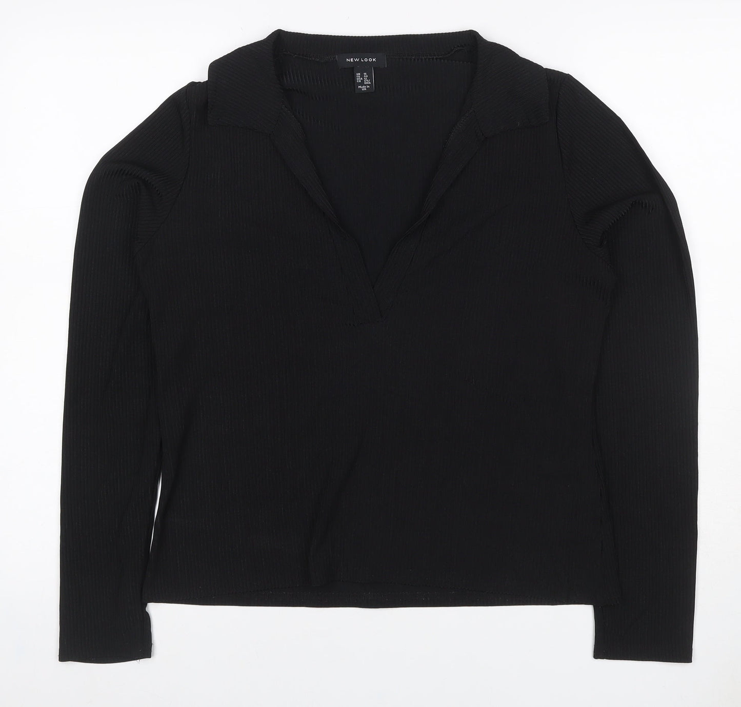 New Look Women Black UK 16 Ribbed Wrap Collared Long Sleeve Blouse