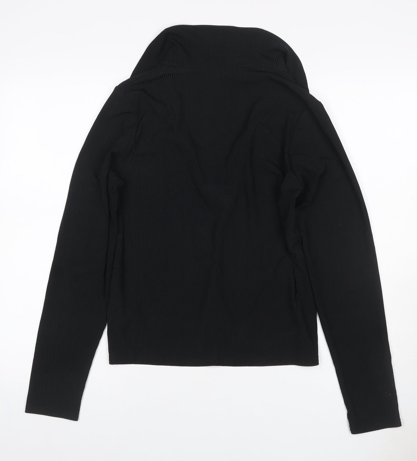 New Look Women Black UK 16 Ribbed Wrap Collared Long Sleeve Blouse