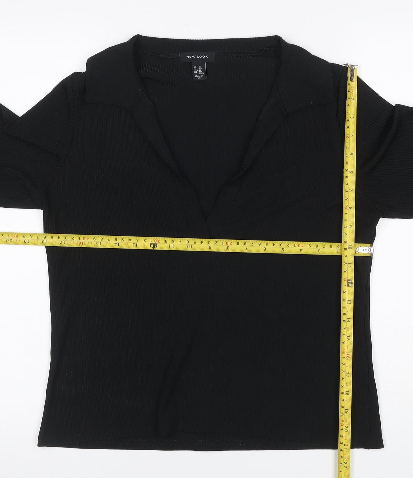 New Look Women Black UK 16 Ribbed Wrap Collared Long Sleeve Blouse