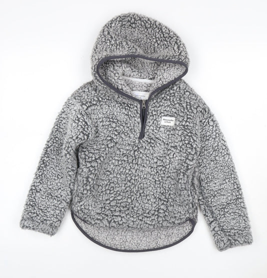 Abercrombie & Fitch Girls Grey 7-8 Years Sherpa Fleece 1/4 Zip Hoodie