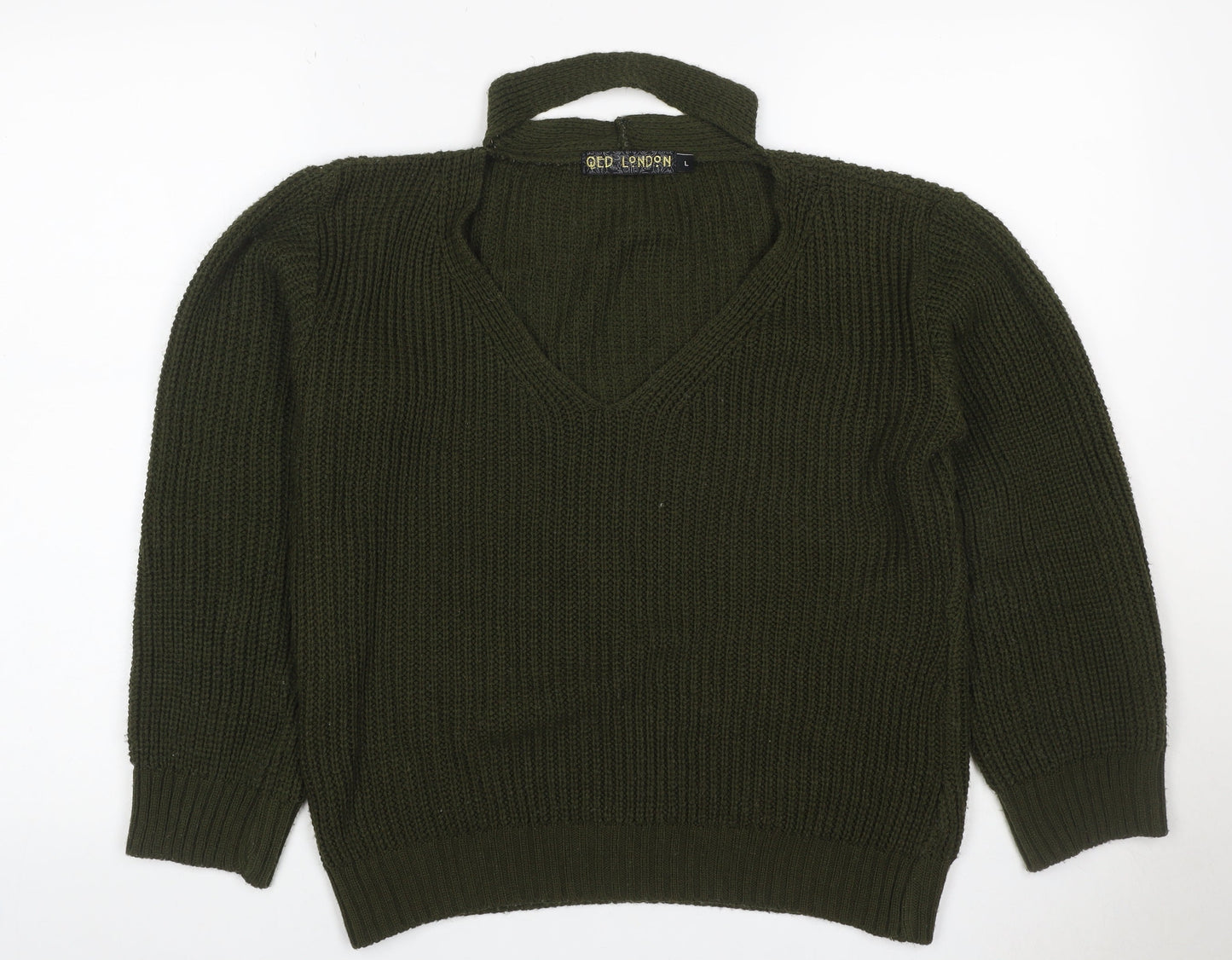 QED London Women’s Green L Chunky Knit V-Neck Choker Jumper