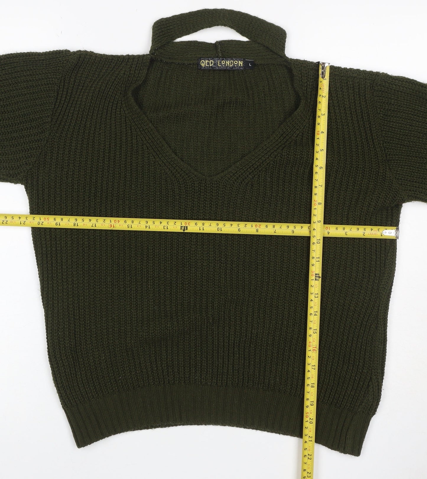 QED London Women’s Green L Chunky Knit V-Neck Choker Jumper