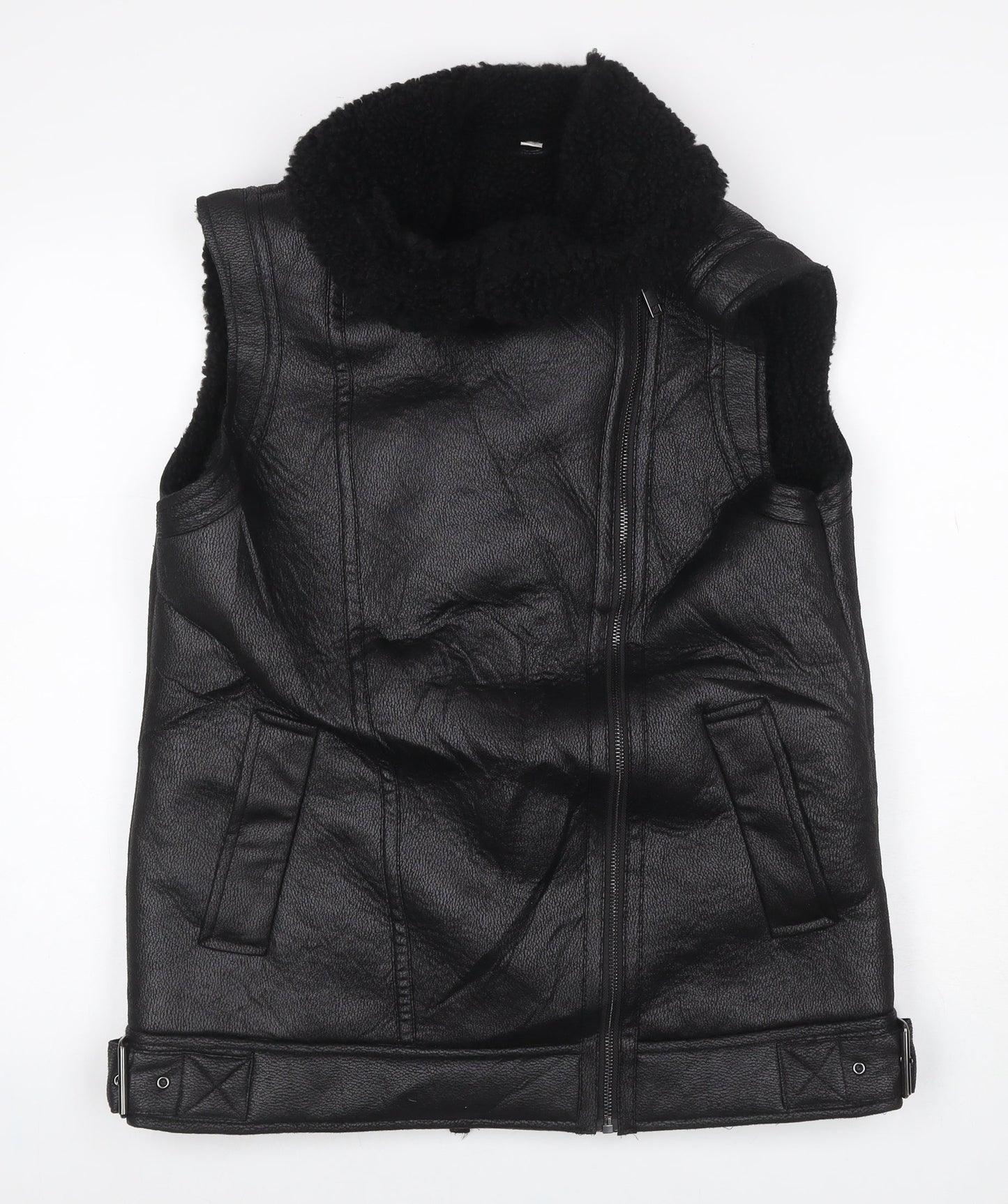 M&S Women’s Black Size 10 Faux Leather Biker Shearling Waistcoat