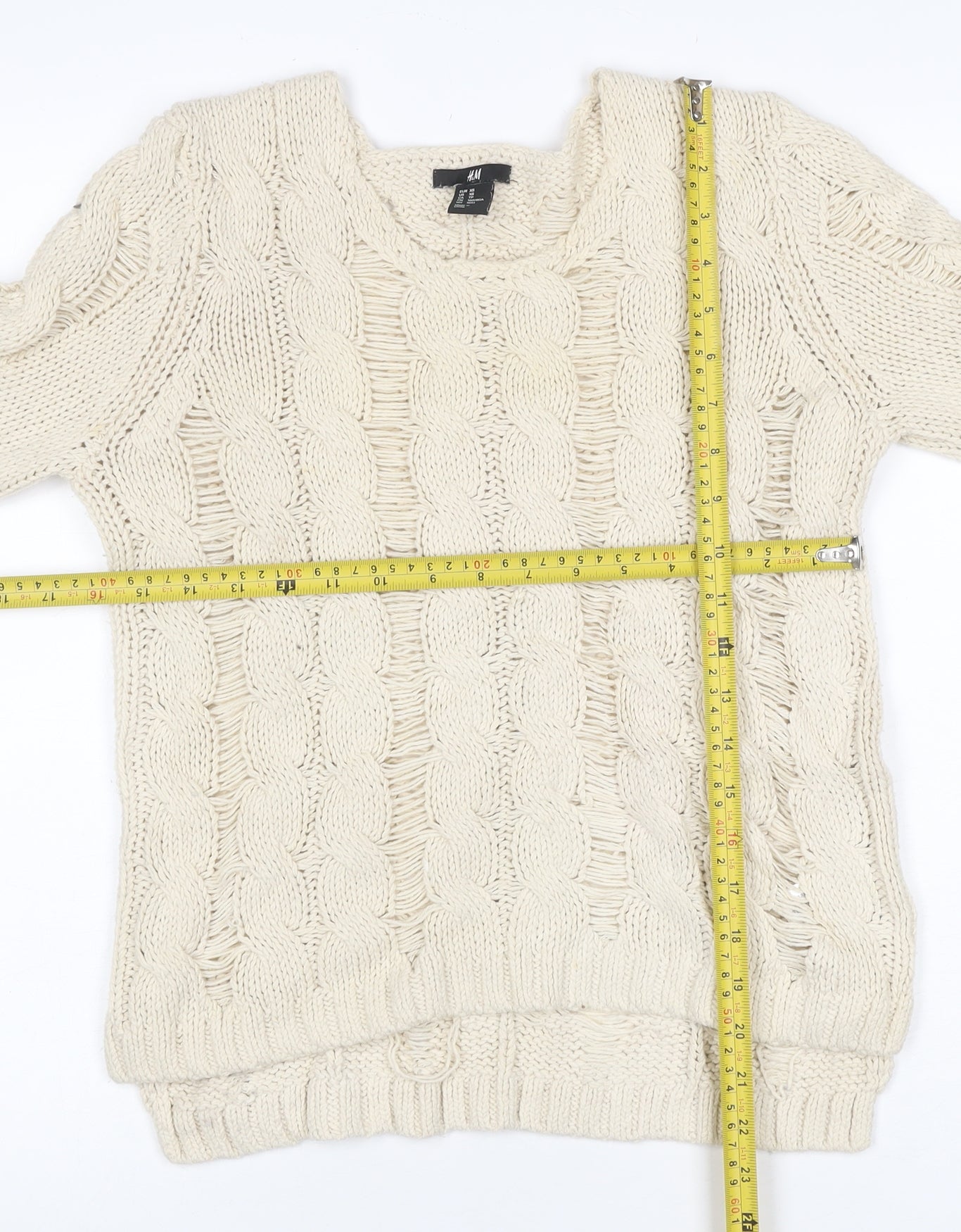 H&M Women Ivory XS Cable Knit Chunky Pullover Jumper Cotton Blend