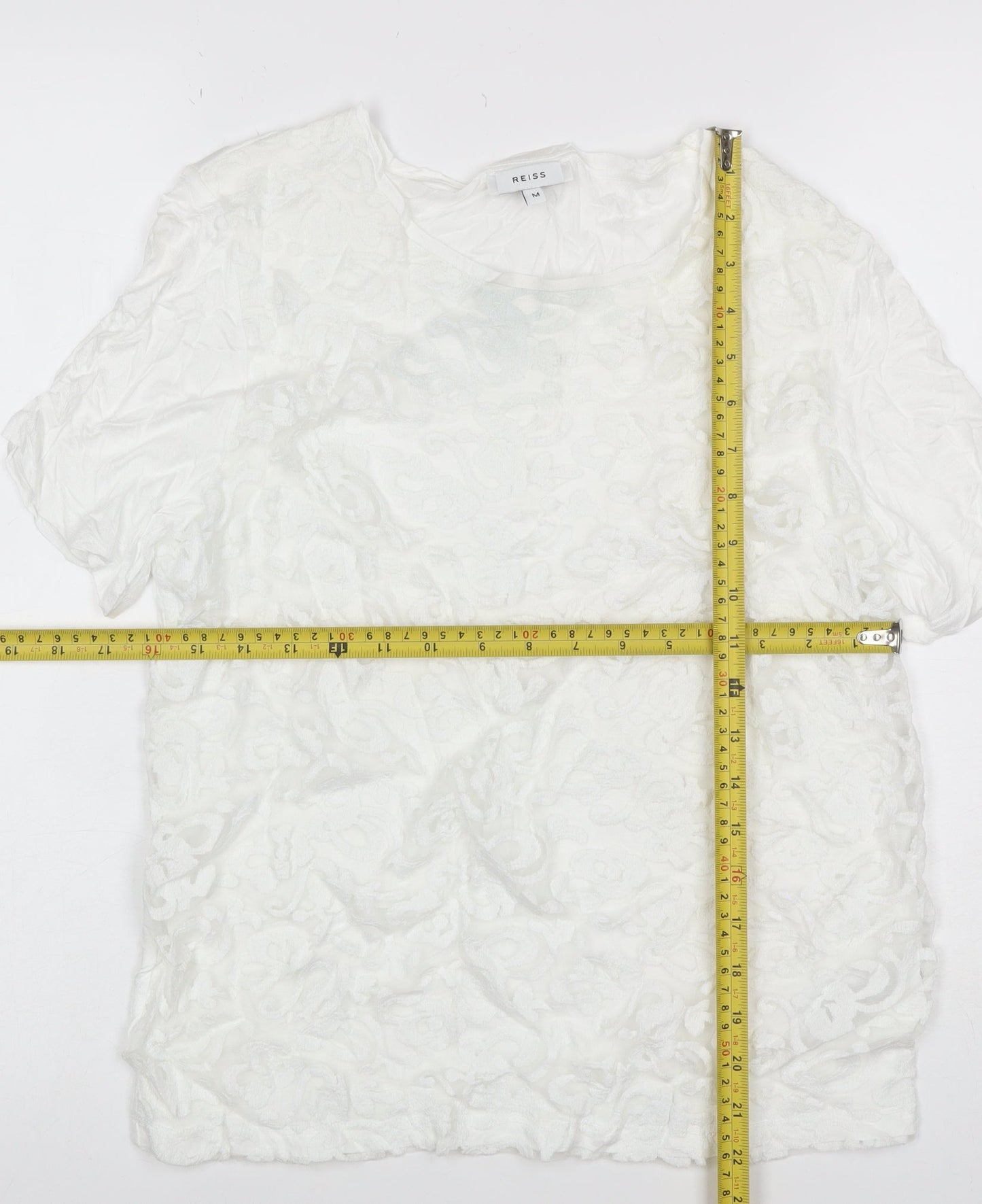 Reiss Women White M Floral Lace Puff Sleeve Short Sleeve T-Shirt