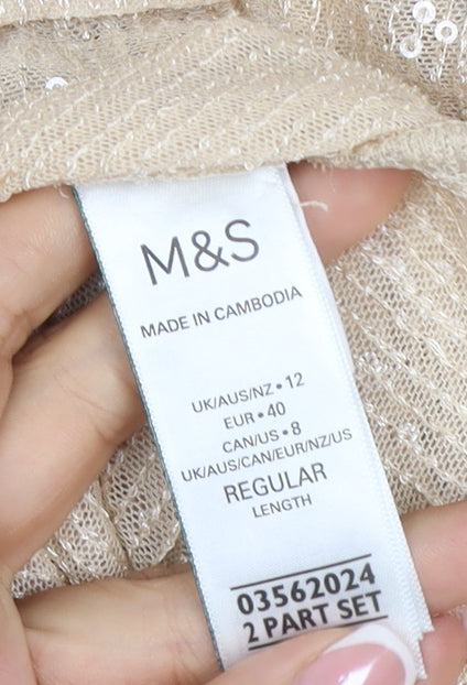 Marks and Spencer Women Beige UK 12 Sequin Collared Button-Up Shirt